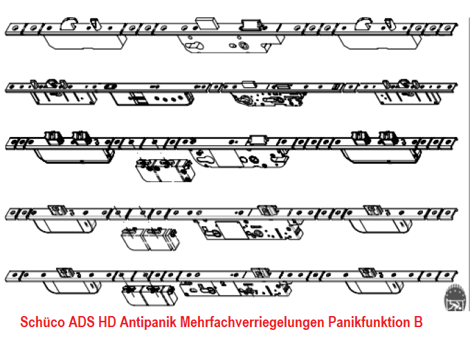 Schüco ADS HD Antipanik Mehrfachverriegelungen Panikfunktion B, 3 Riegel-Fallenschloss „InterLock“ mit Antipanikfunktion, 4 Riegel-Fallenschloss „SafeMatic“ mit Antipanikfunktion, Antipanik Schwenkhaken-Bolzenschloss